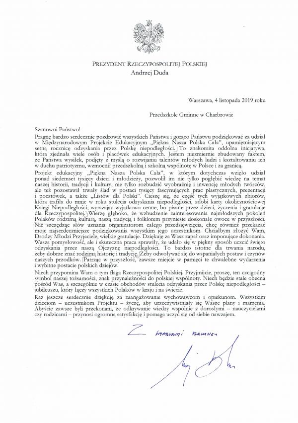 Podziękowania od Prezydenta Rzeczypospolitej Polski Andrzeja Dudy